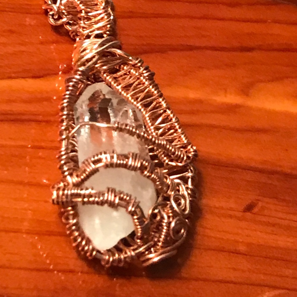 Handcrafted Artisan Copper Wire Woven Wrapped Arkansas Quartz Crystal Pendant
